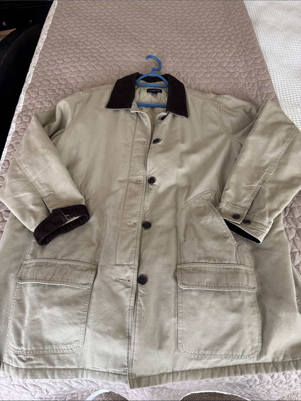 Lands' End Light Khaki Trench Coat with Dark Brown Corduroy Trim